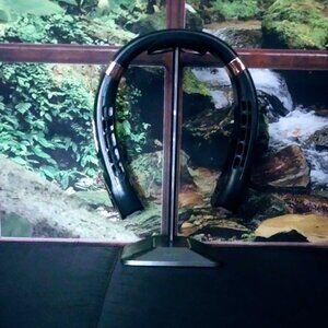 Black neck fan with LED lights & matching gaming charge-thru LED headset holder